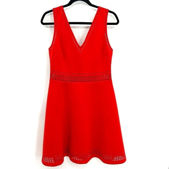 GUESS Red Laser Cut Out V-Neck Sleeveless Fit & Flare Mini Dress Size 10 - Picture 1 of 7